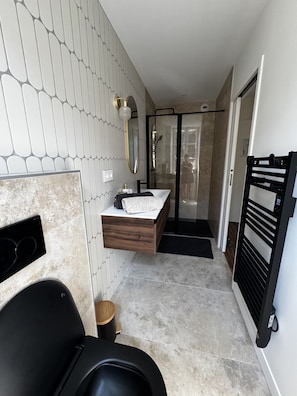 A modern bathroom with a built-in shower, a vanity with a mirror, and a toilet.