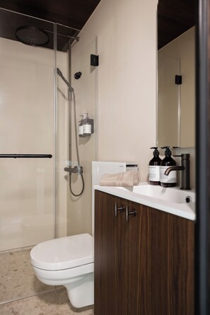 Une salle de bain moderne avec une douche à parois de verre, des toilettes blanches et un meuble-lavabo en bois avec un miroir.