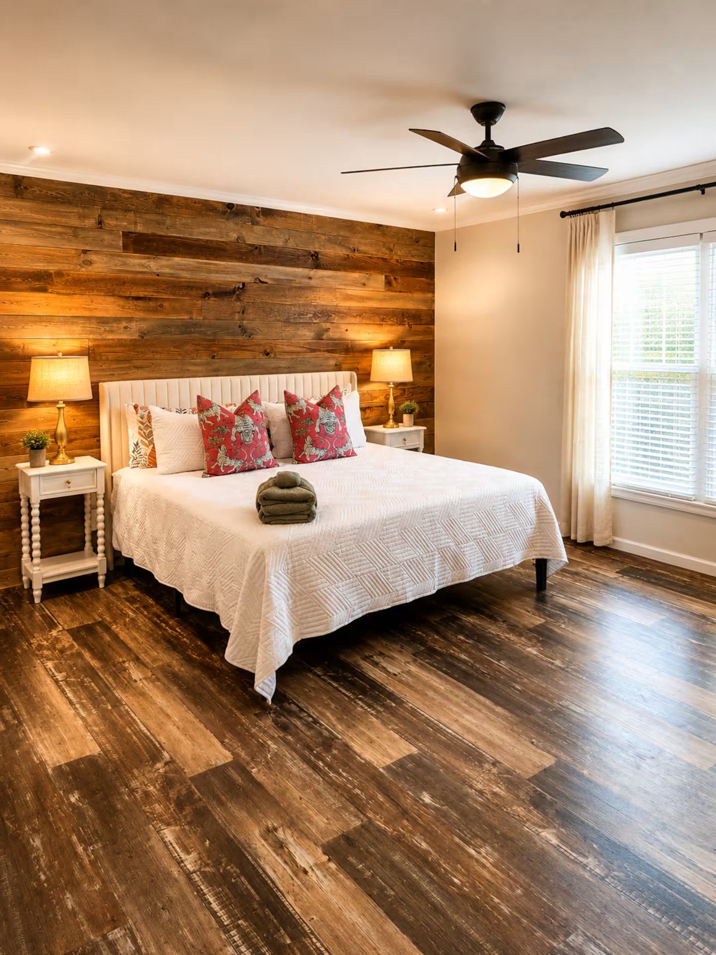 A bedroom with a wooden headboard, a bed with white bedding, two bedside tables with lamps, and a ceiling fan.