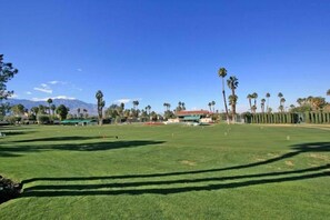 Ein Golfplatz mit blauem Himmel, Palmen und einem Gebäude im Hintergrund.