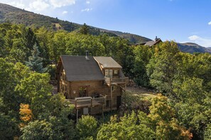 Une cabane en bois dotée d’un balcon, entourée d’une forêt dense et de collines.