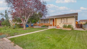 A single-story house with a front porch, a lawn, and a tree.