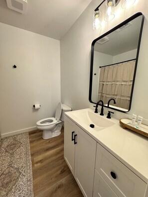 Un baño con inodoro, lavabo, espejo y una alfombra estampada.