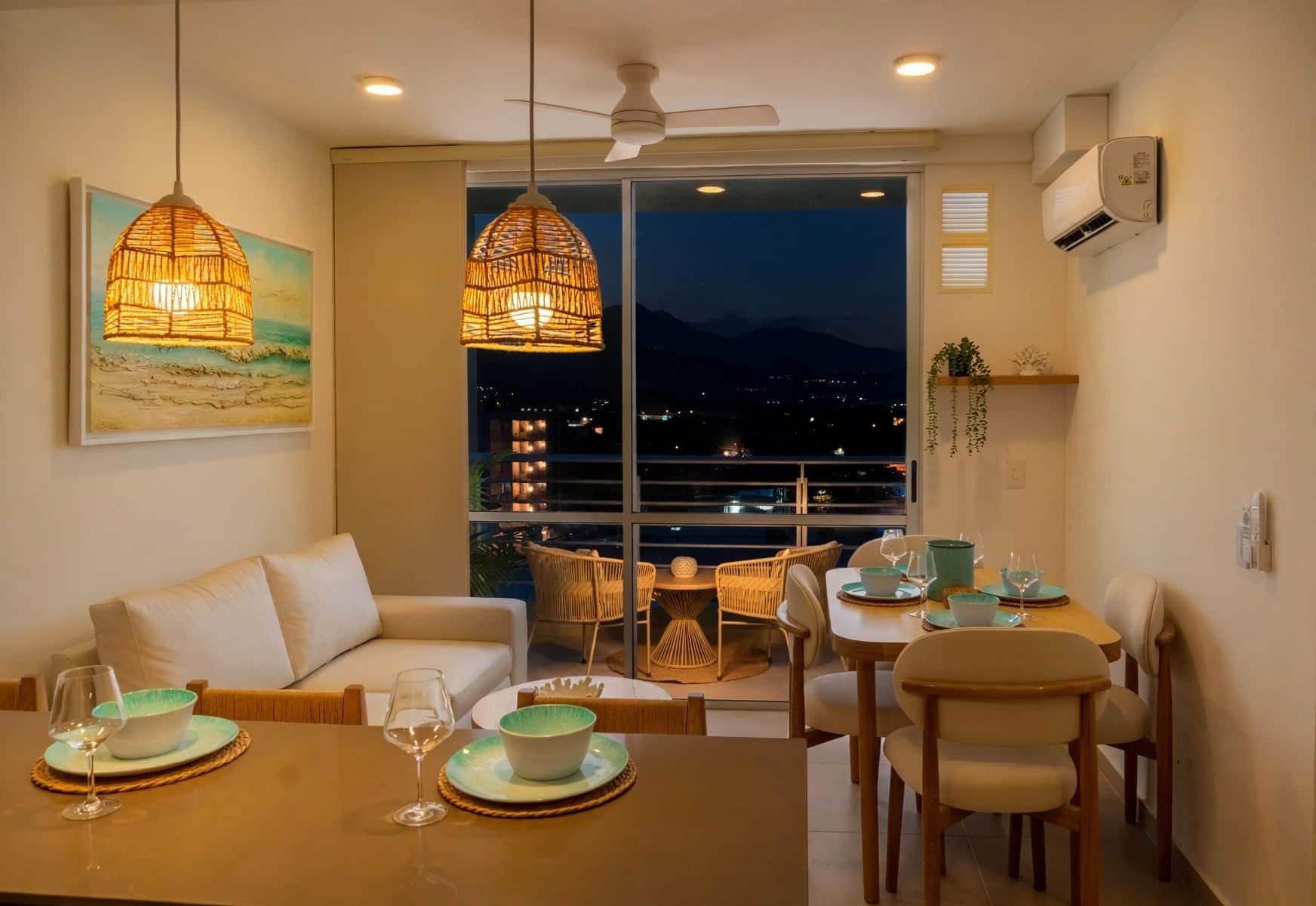 A dining area with a table set for two, a sofa, and a balcony with a view of the city at night.