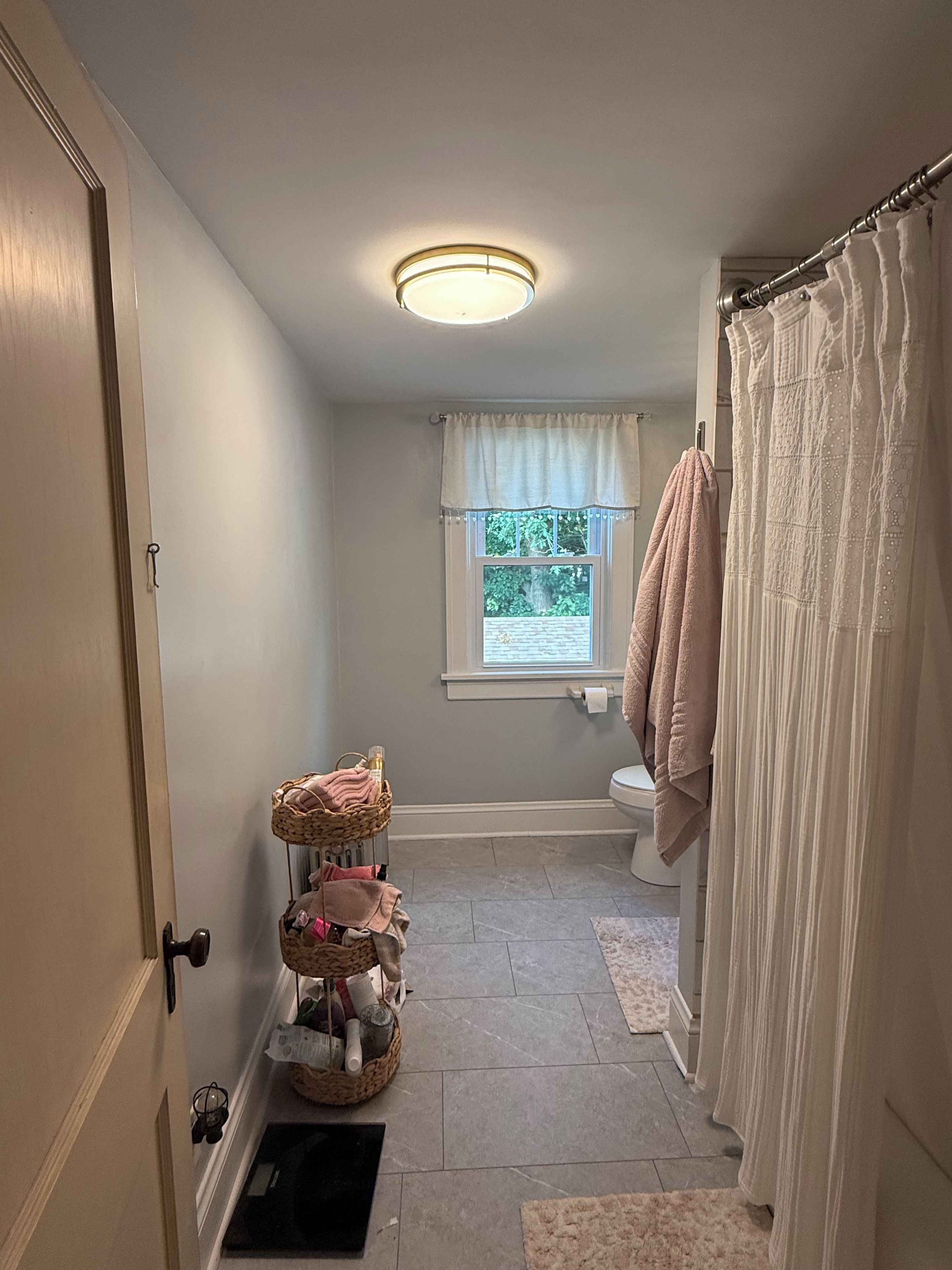 A bathroom with a toilet, a window with a view, a shower curtain, and a basket of toiletries.