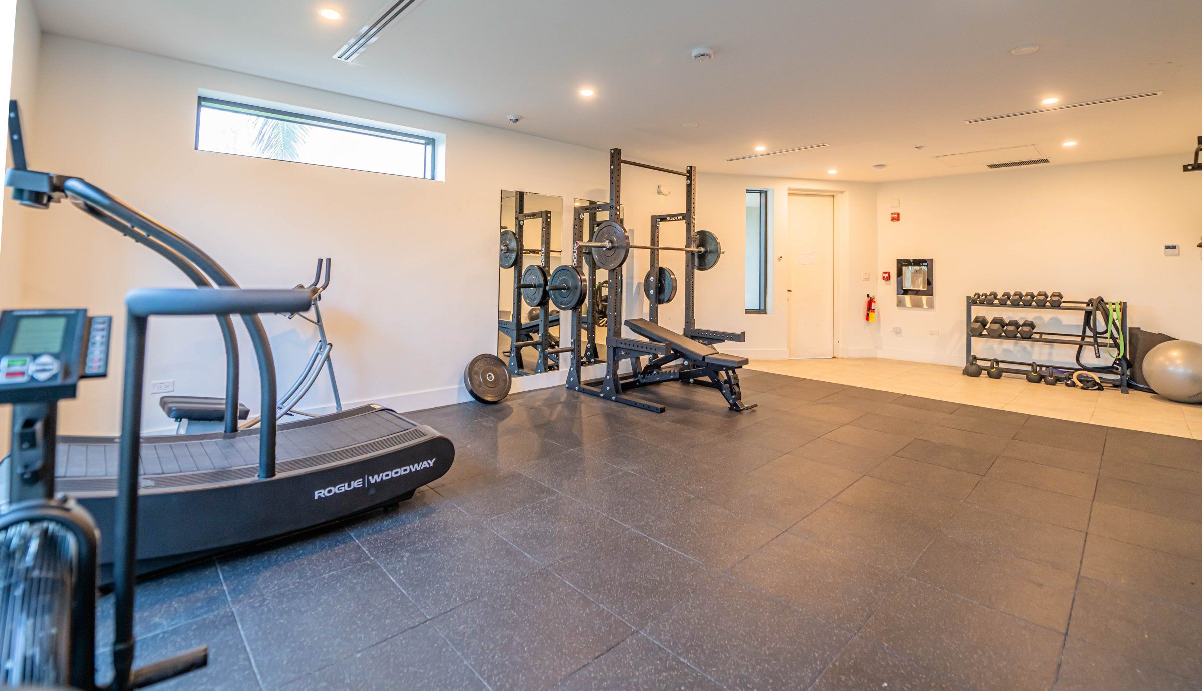 Una palestra con tapis roulant Rogue, attrezzature per sollevamento pesi e manubri.