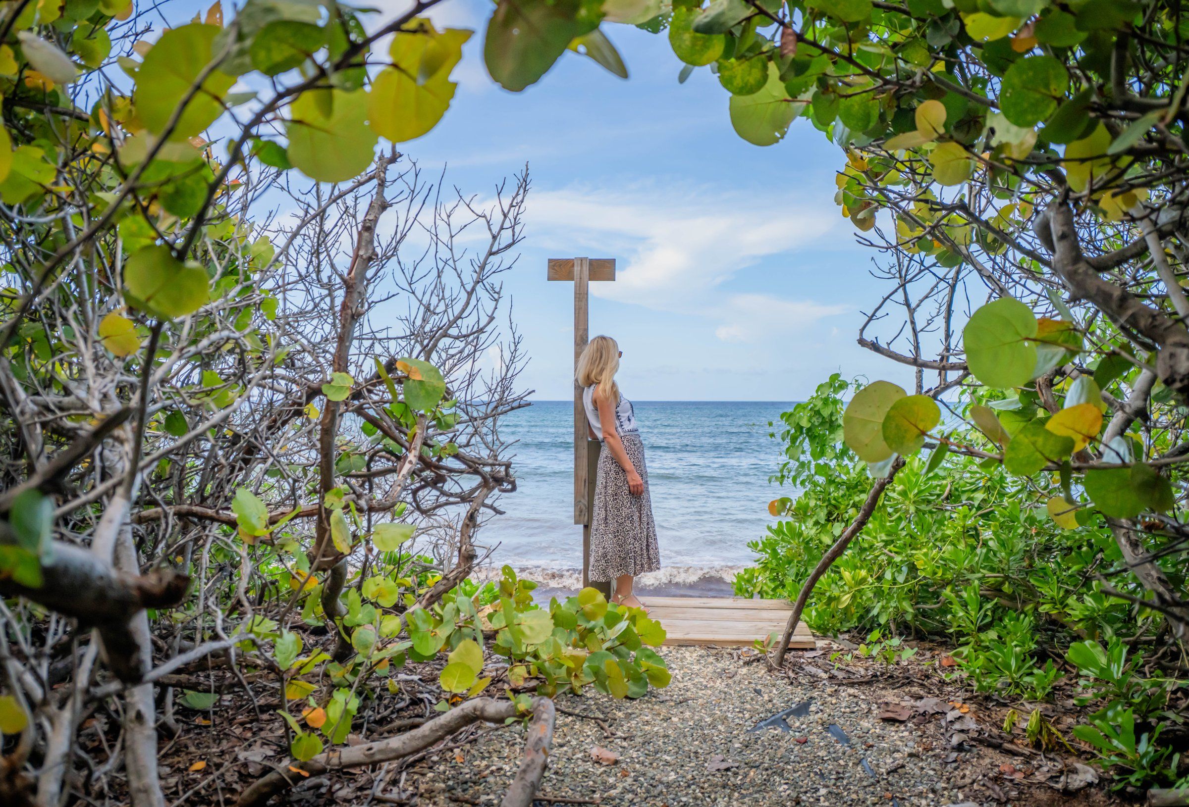A person standing at a wooden cross in a natural setting with a view of the sea.
