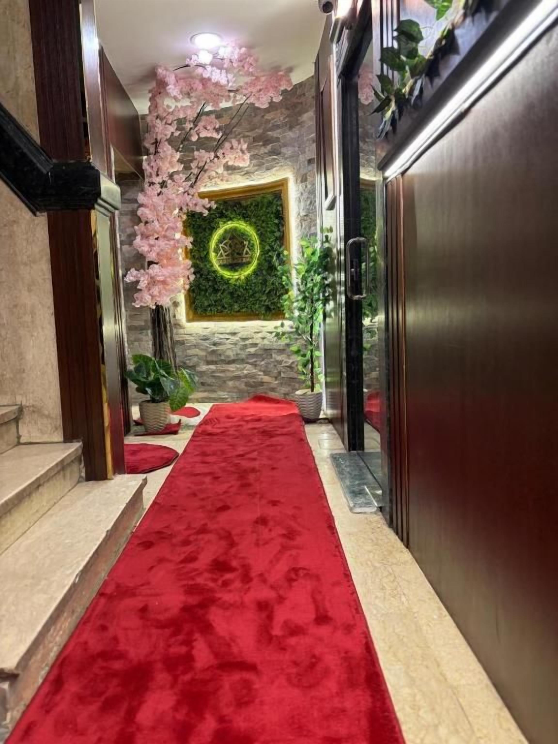 Un corridoio con tappeto rosso, parete in pietra con piante e una porta dal rivestimento metallico.