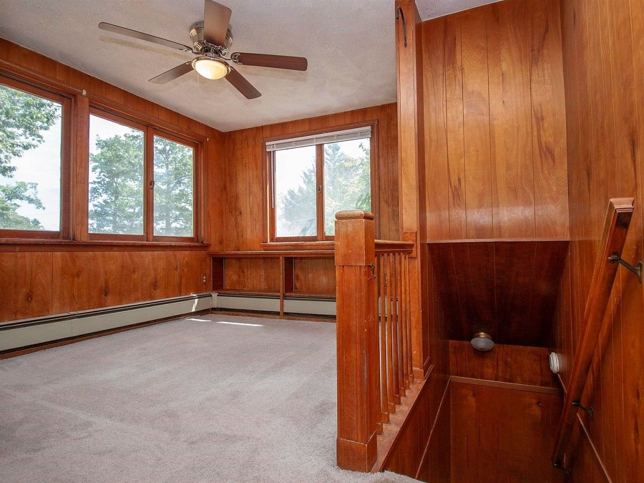 Staircase Area | Wood Paneling | Ceiling Fan