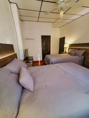 Habitación de hotel con dos camas, un escritorio, una silla y una lámpara en el techo.