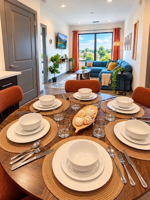 A dining area with a round table set for four, surrounded by chairs, with a view of a living room and a window. - Stadium/Events Retreat I Gym & Rooftop Lounge (Atlanta)
