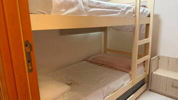 A bunk bed with a lower bunk and a ladder, a small wooden cabinet, and a door with a handle.