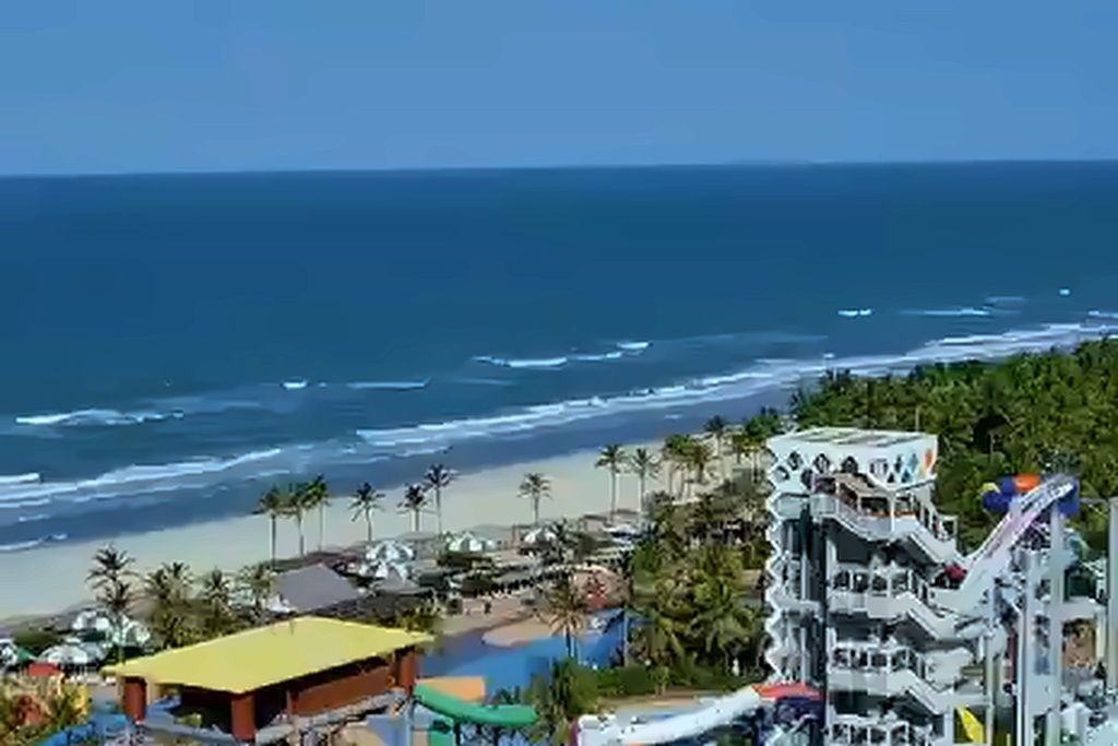 Un complejo turístico costero con piscina, palmeras y un tobogán de agua.