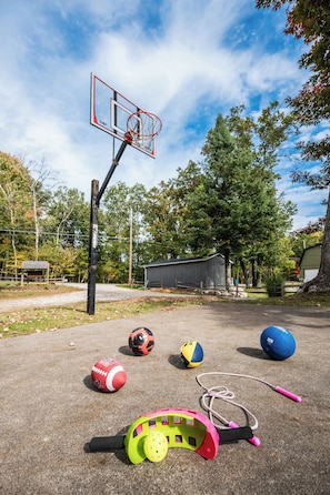 An outdoor basketball court with a hoop, surrounded by trees and a shed. - The Sandbar at Sommer Dorf (West Branch)