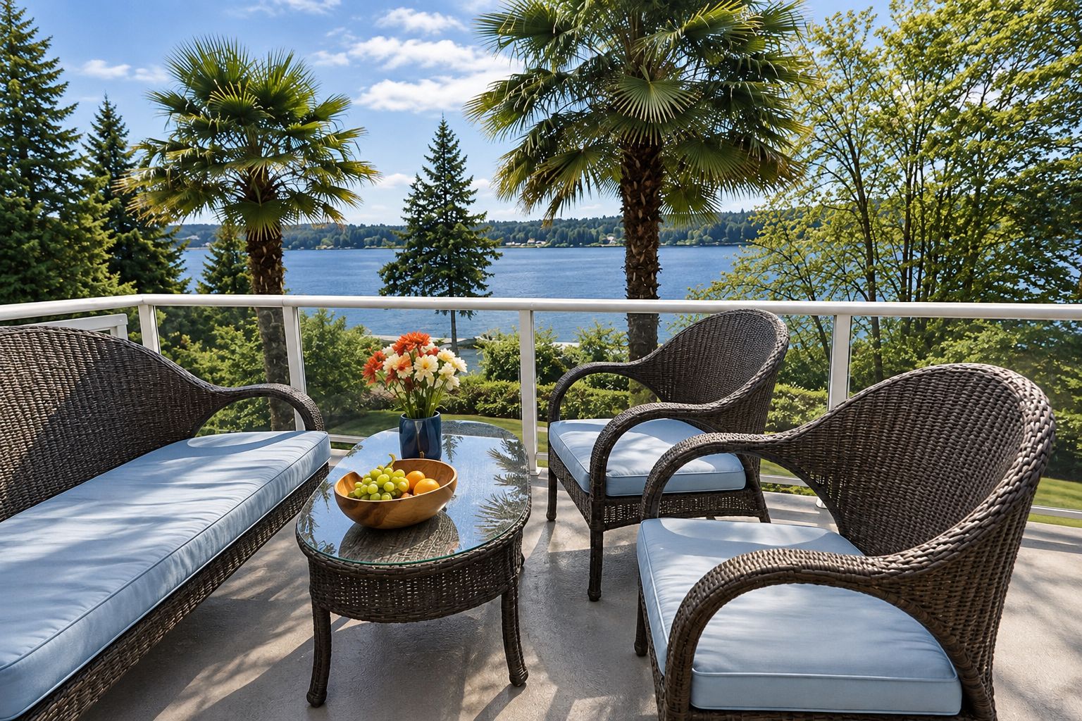 A balcony with wicker furniture, a glass table, and a bowl of fruit and flowers.