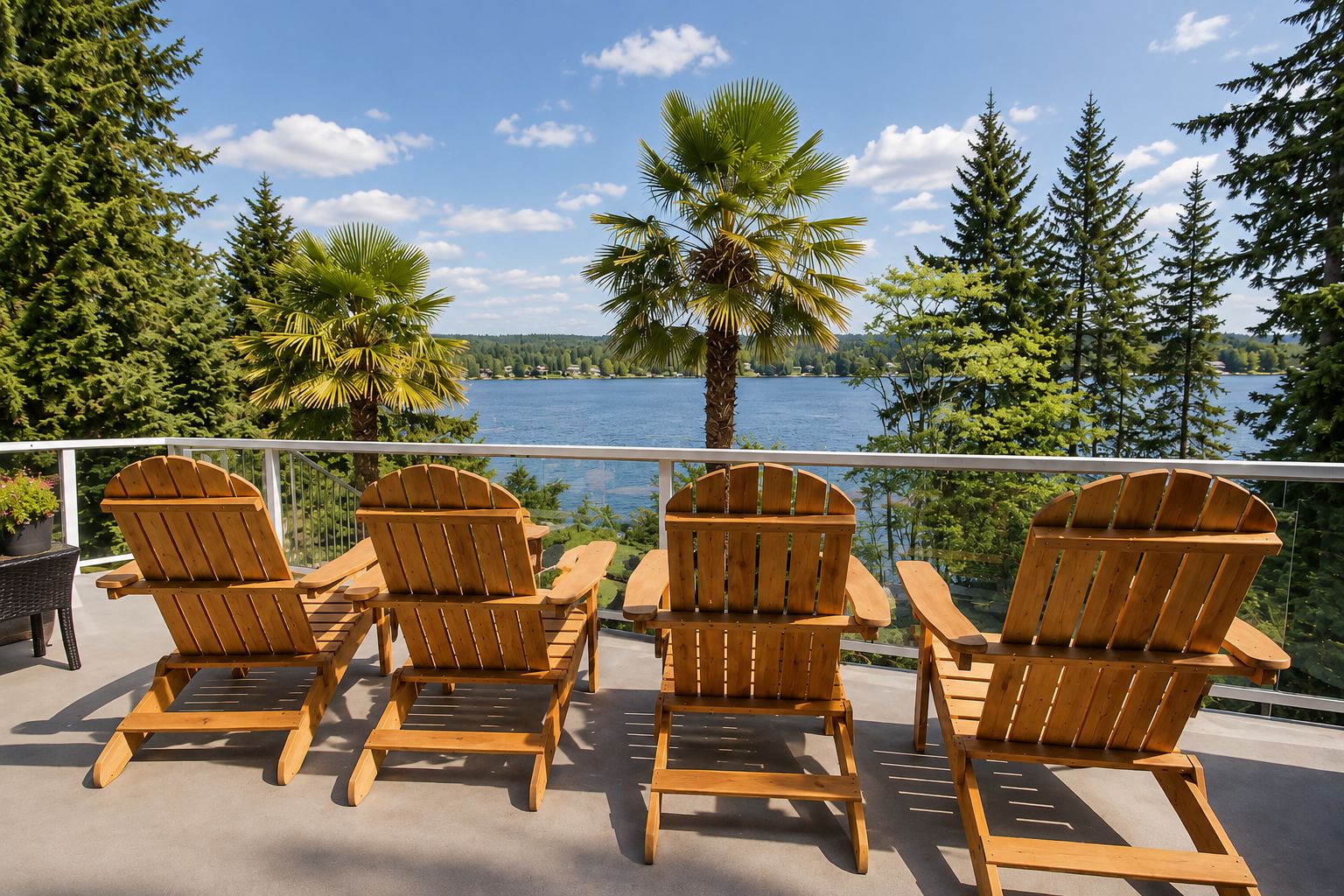 Une terrasse avec quatre fauteuils Adirondack en bois, donnant sur un lac, entourée d’arbres et sous un ciel dégagé.