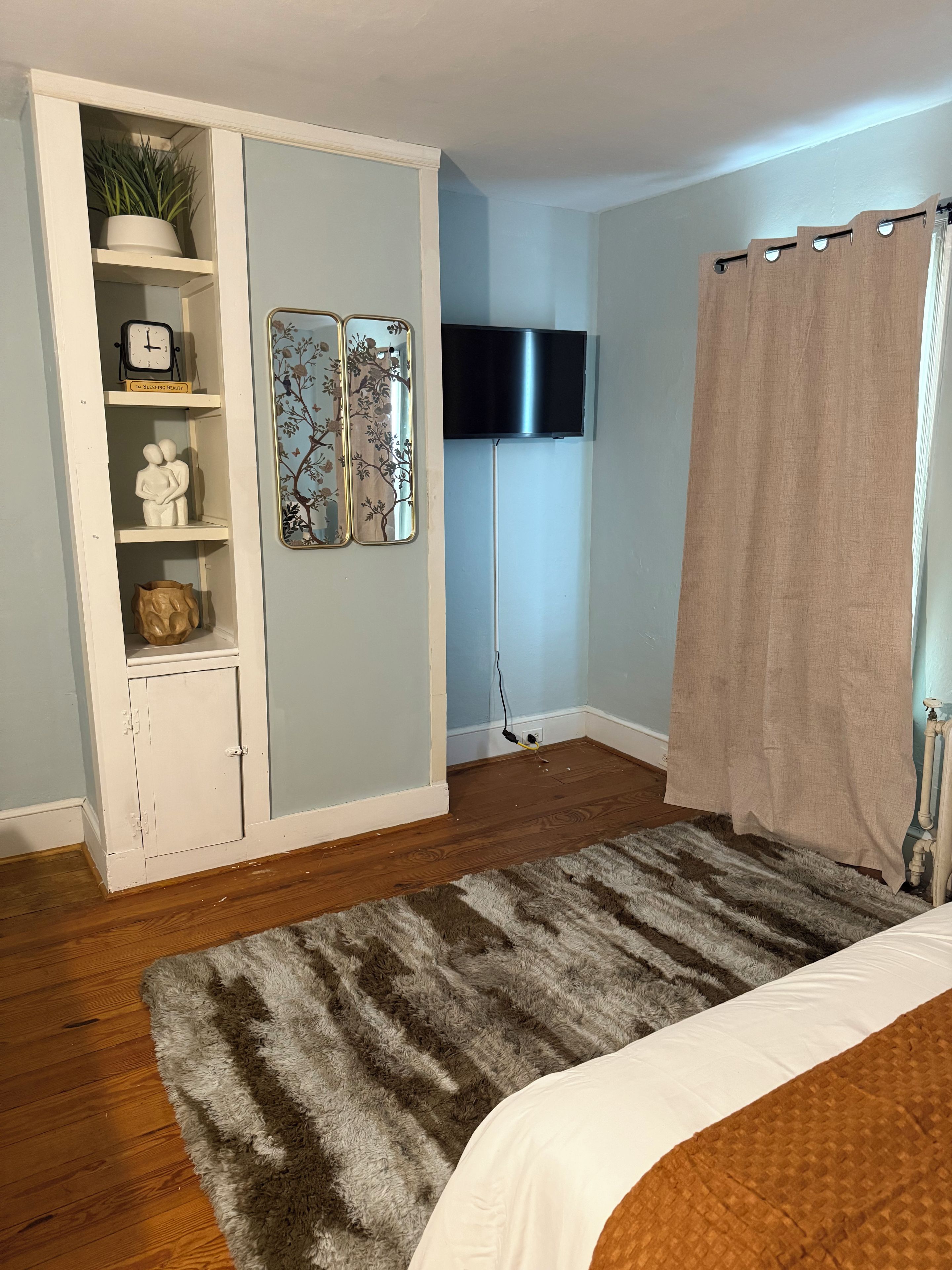 A bedroom with a bed, a wardrobe, a flat-screen TV, a mirror, and a potted plant.
