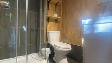 Un baño moderno con ducha envuelta en vidrio, inodoro y bañera.