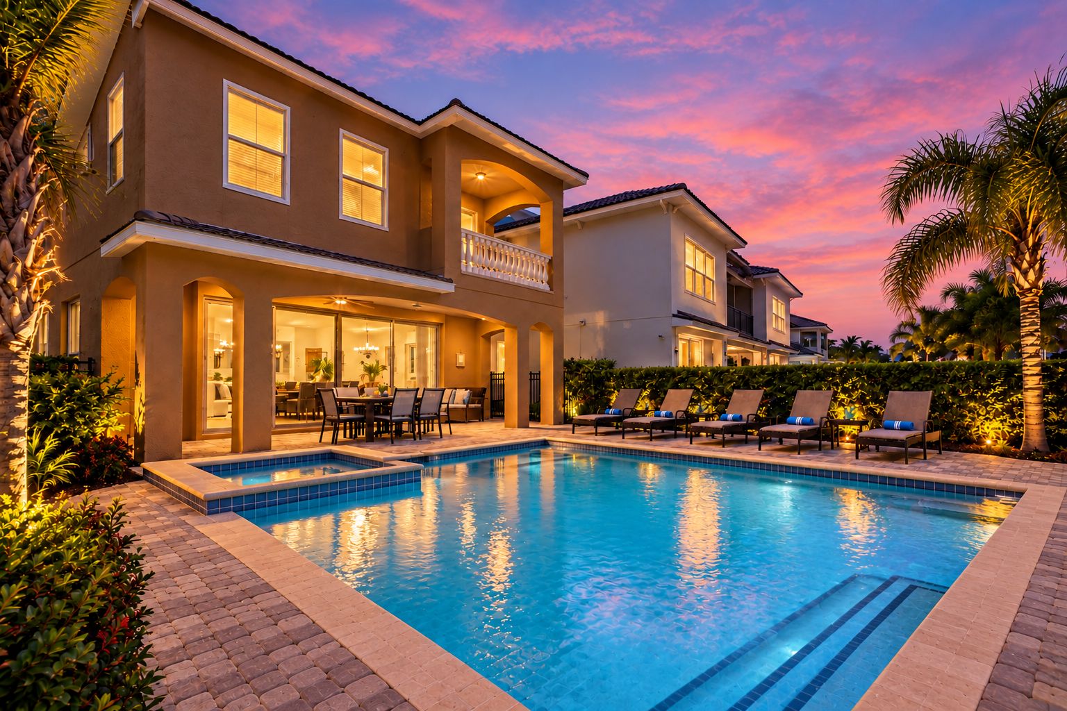 A two-story house with a swimming pool, outdoor seating, and a well-lit patio area.