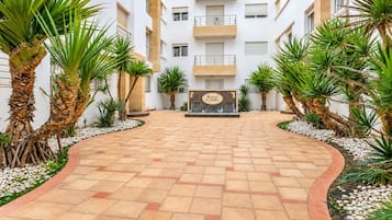 A courtyard with a paved walkway, palm trees, and a building with balconies.