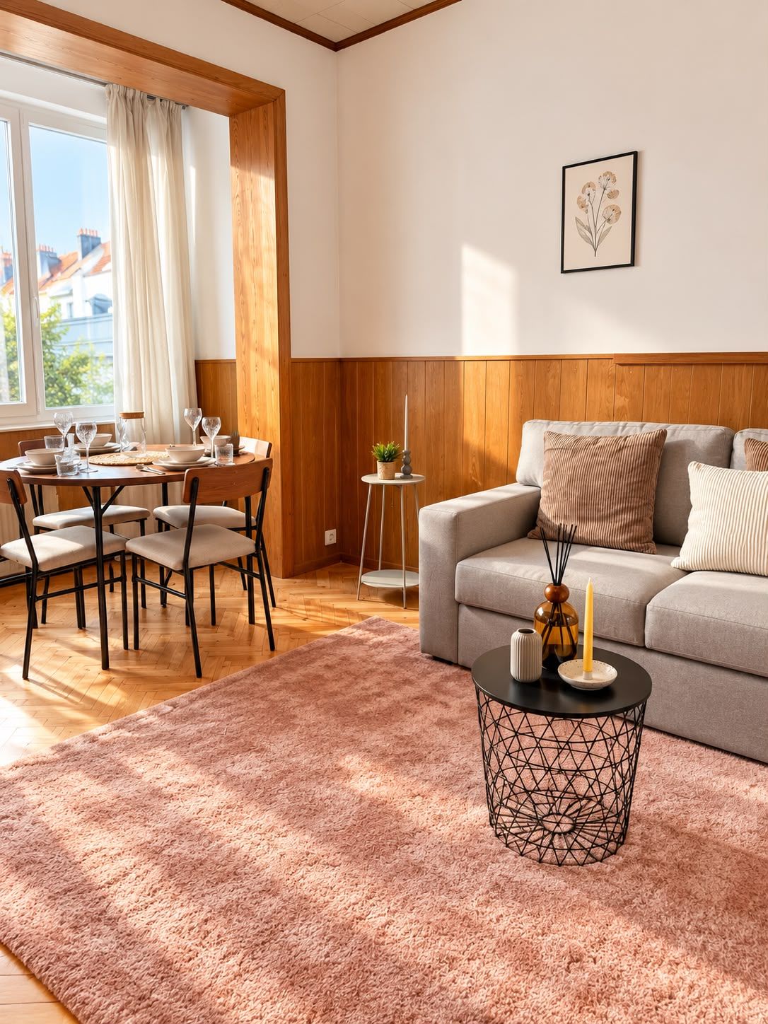 Una sala de estar moderna con comedor, paneles de madera, un sofá gris y una mesa de centro con velas.