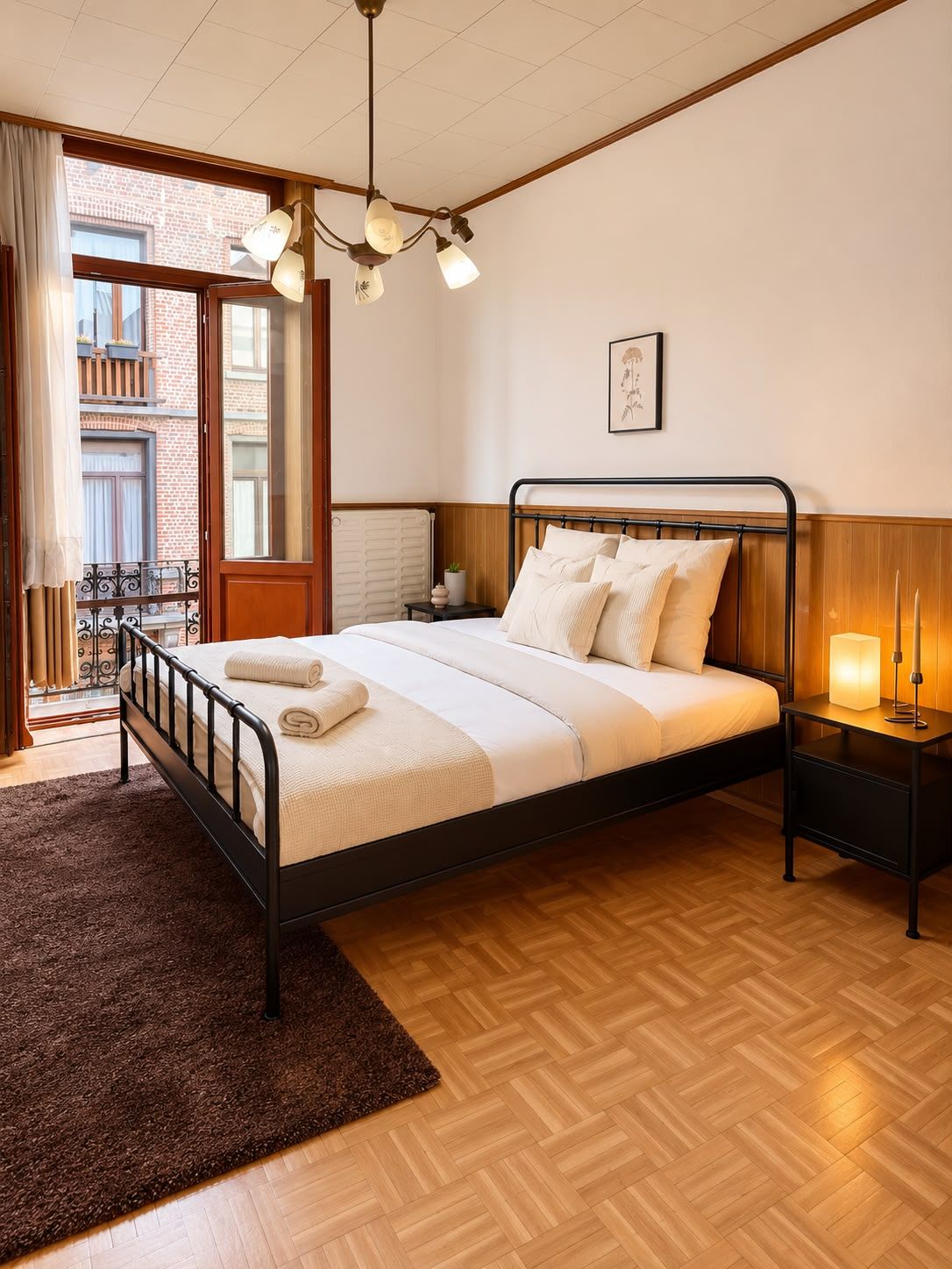 Une chambre à coucher avec un lit, une table de chevet et une vue sur l’extérieur.
