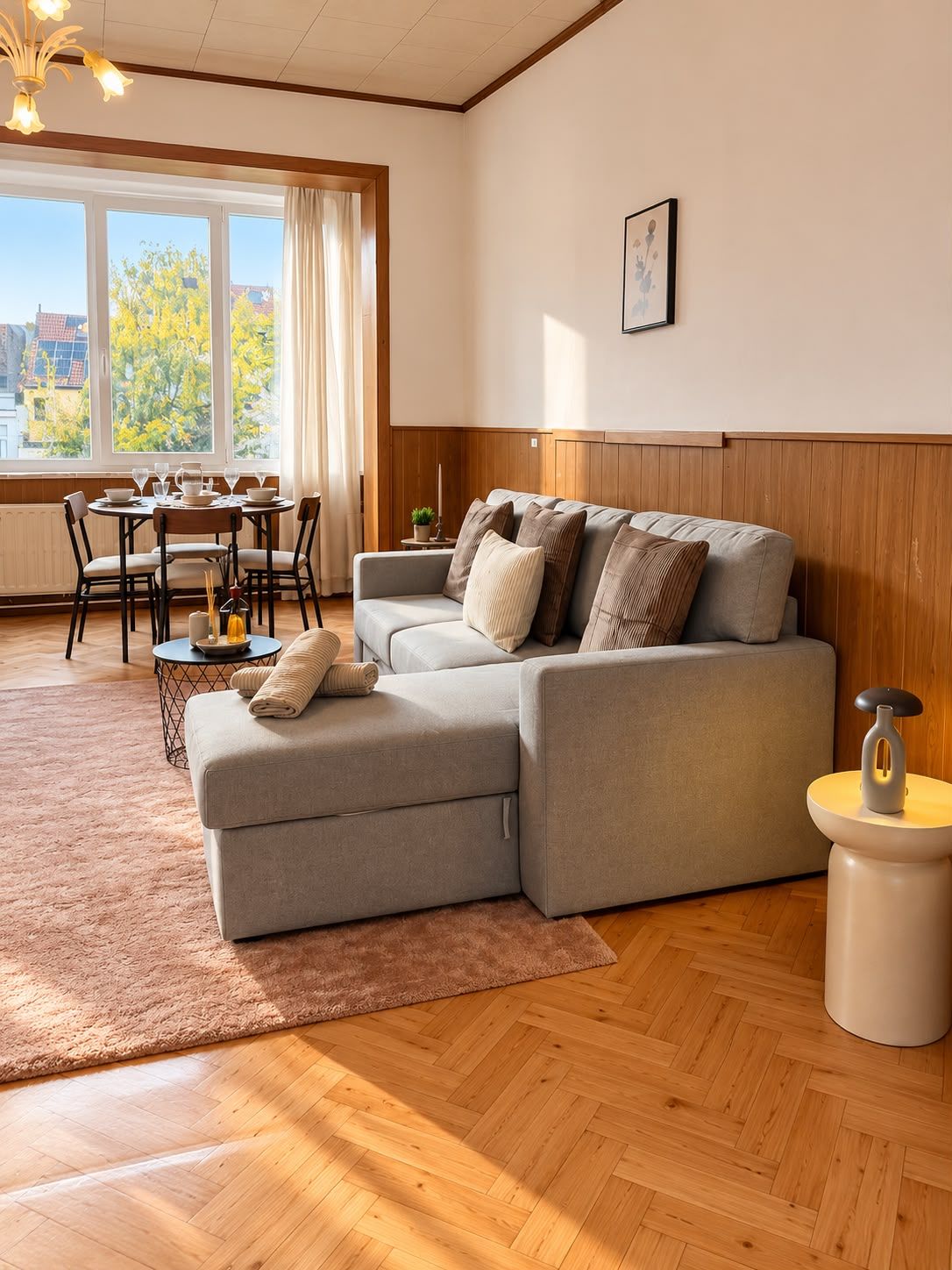 Una sala de estar moderna con un sofá modular, una mesa de comedor con sillas, una mesa de centro redonda y vistas al exterior a través de amplios ventanales.