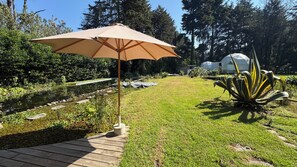 A garden with a wooden deck, an umbrella, a pond, and a large agave plant. - Casa Libelula - Eco Glamping - Valle de Bravo (Valle de bravo)
