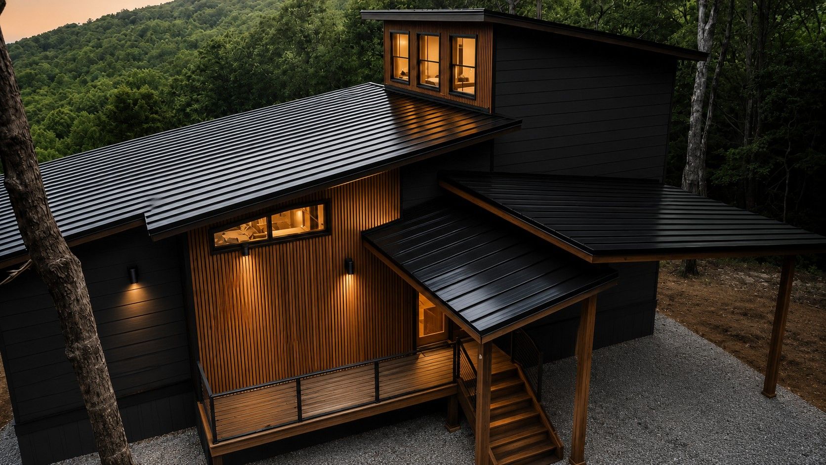 A modern house with a sloped roof, wooden exterior, and a small porch with a staircase.