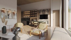 A modern living room with a sofa, chairs, a coffee table, and a fireplace. - 2-bedroom house. Altamont TN. (Altamont)