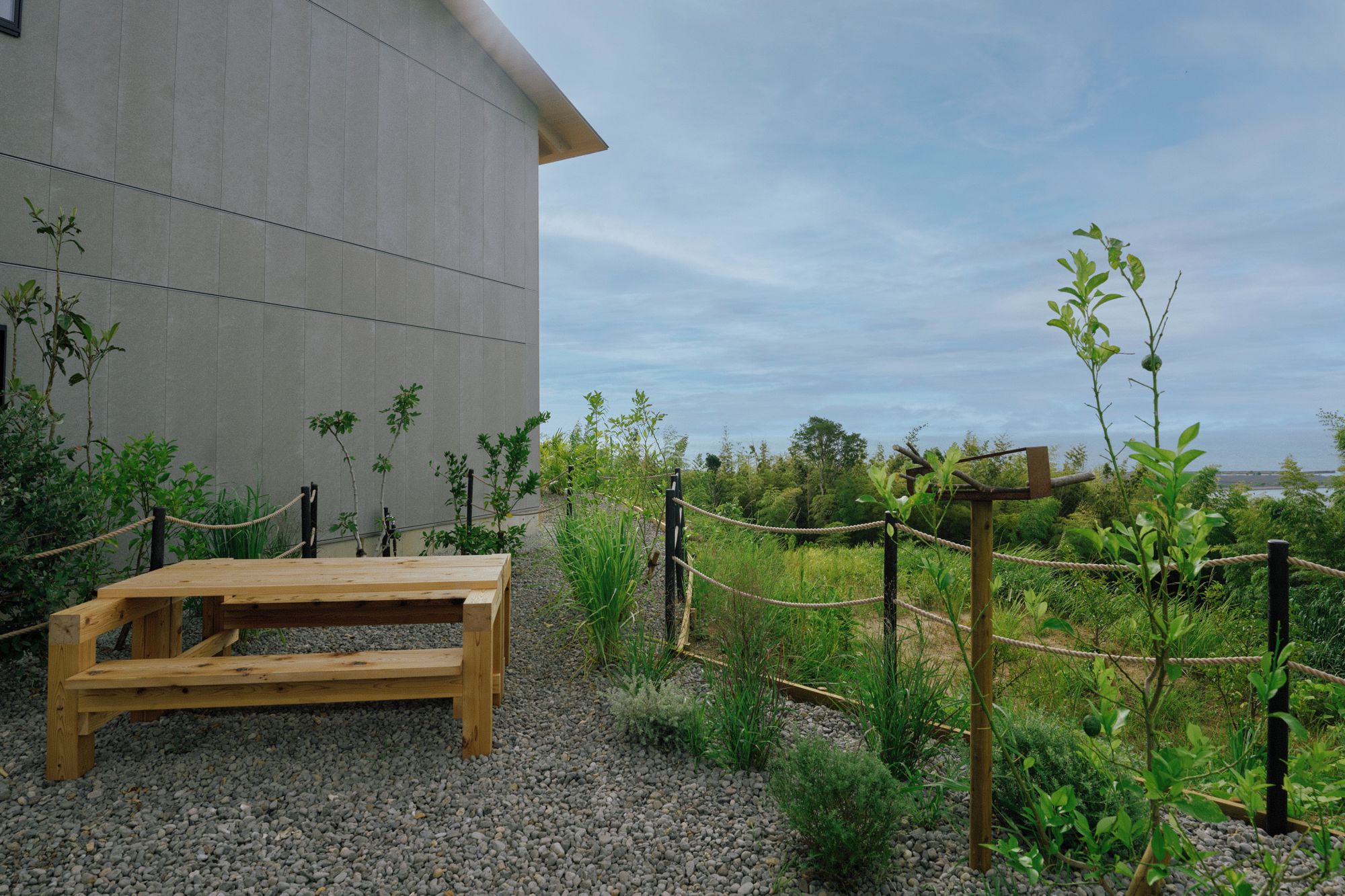 Een houten bankje voor een gebouw, met een touwhek en groen.