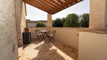 Un patio couvert avec une table et des chaises, une plante en pot, et une vue sur les bâtiments et les arbres environnants.