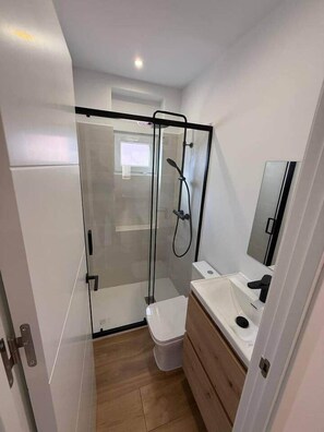 Een kleine badkamer met een douchecabine van glas, een wit toilet en een houten wastafelmeubel met een spiegel.