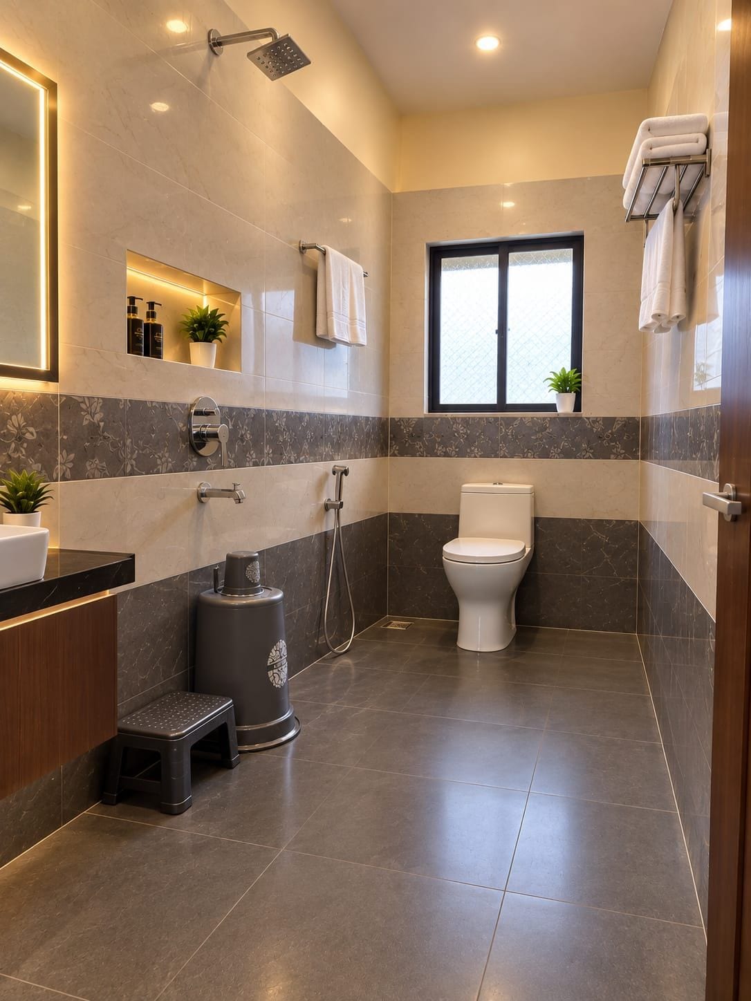 Un baño moderno con inodoro, ducha y lavamanos. Hay un taburete y un cubo de basura.