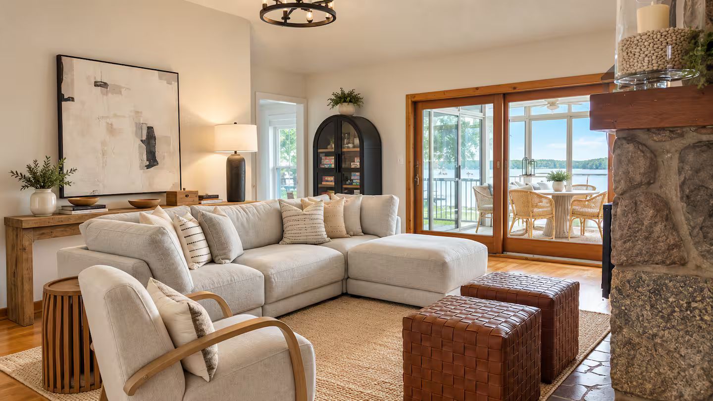 A living room with a sectional sofa, a coffee table, a fireplace, and a view of the outdoors.
