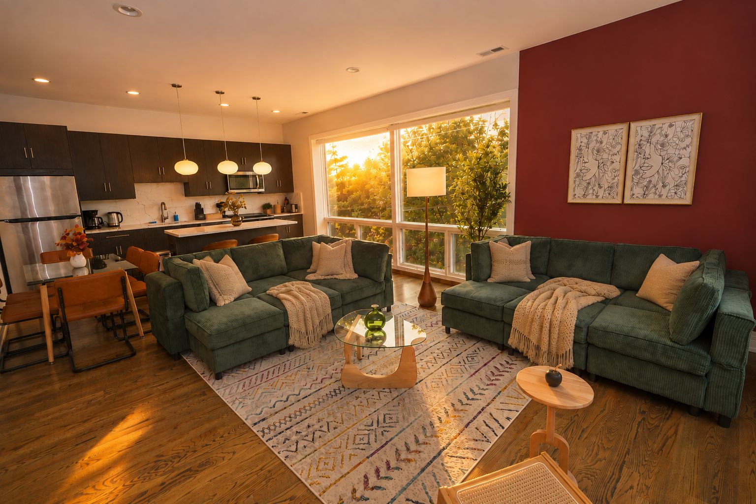 A modern living room with a green sofa set, a glass coffee table, and a dining area with a wooden table and chairs.