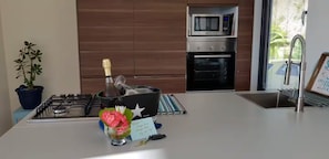 A modern kitchen with a gas stove, a microwave, and an oven. There is a potted plant on the left and a note on the counter. - Indigo Sweet is a highly rated 1-bedroom apartment located in Indigo Bay. (Cole Bay)