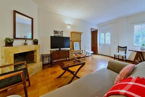 Una sala de estar con chimenea, televisor y zona de estar.