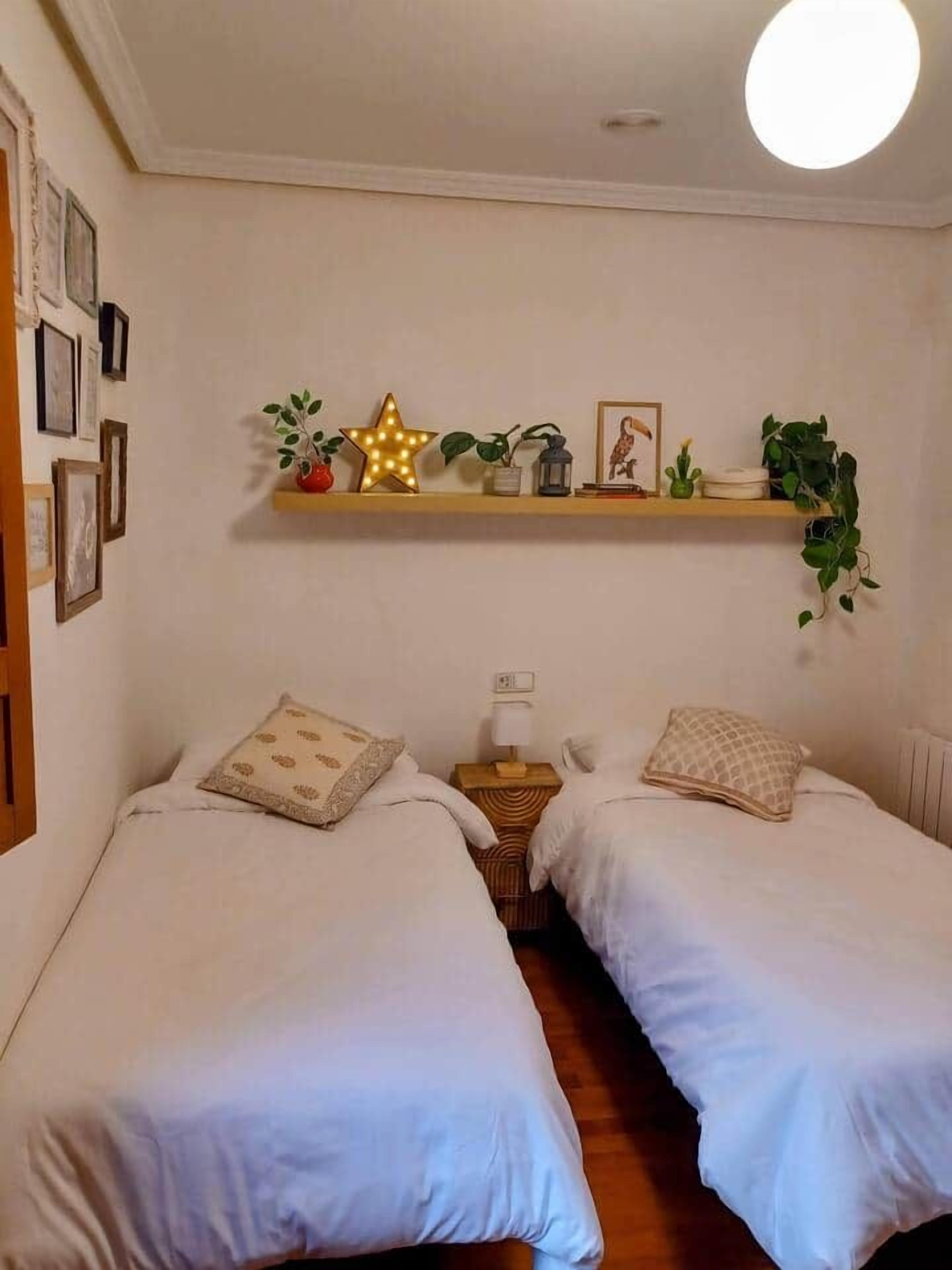 A room with two single beds, a shelf with plants and a star decoration, and a wall-mounted shelf with framed pictures.