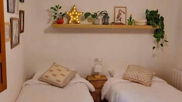 A room with two single beds, a shelf with plants and a star decoration, and a wall-mounted shelf with framed pictures.