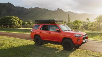 Un SUV rojo estacionado en un césped con montañas al fondo.