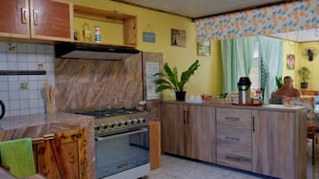 A kitchen with a stove, oven, and wooden cabinets. There is a plant on the counter and a sign on the wall.
