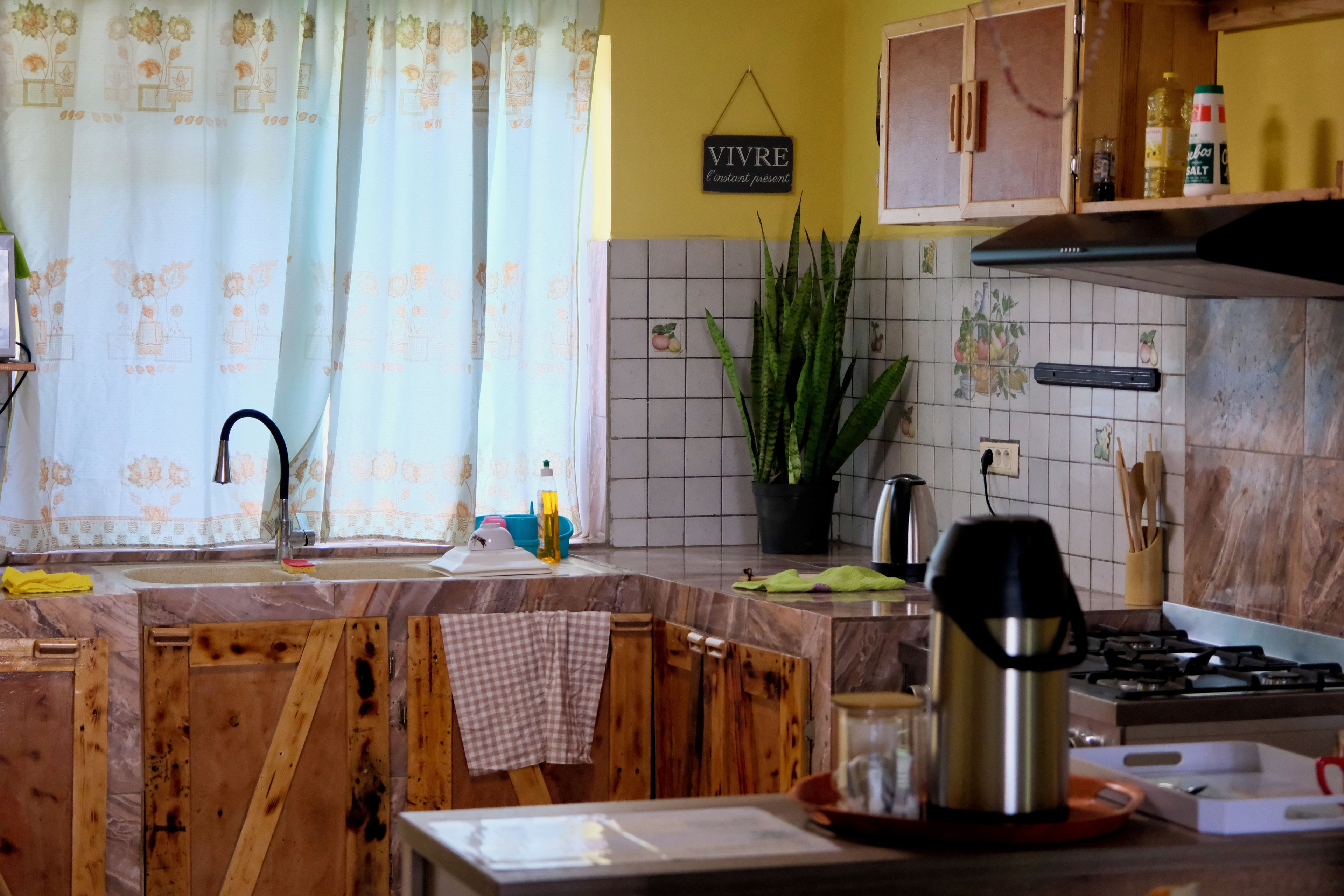 Una cocina con encimera de madera, un fregadero, una estufa y una planta en maceta.