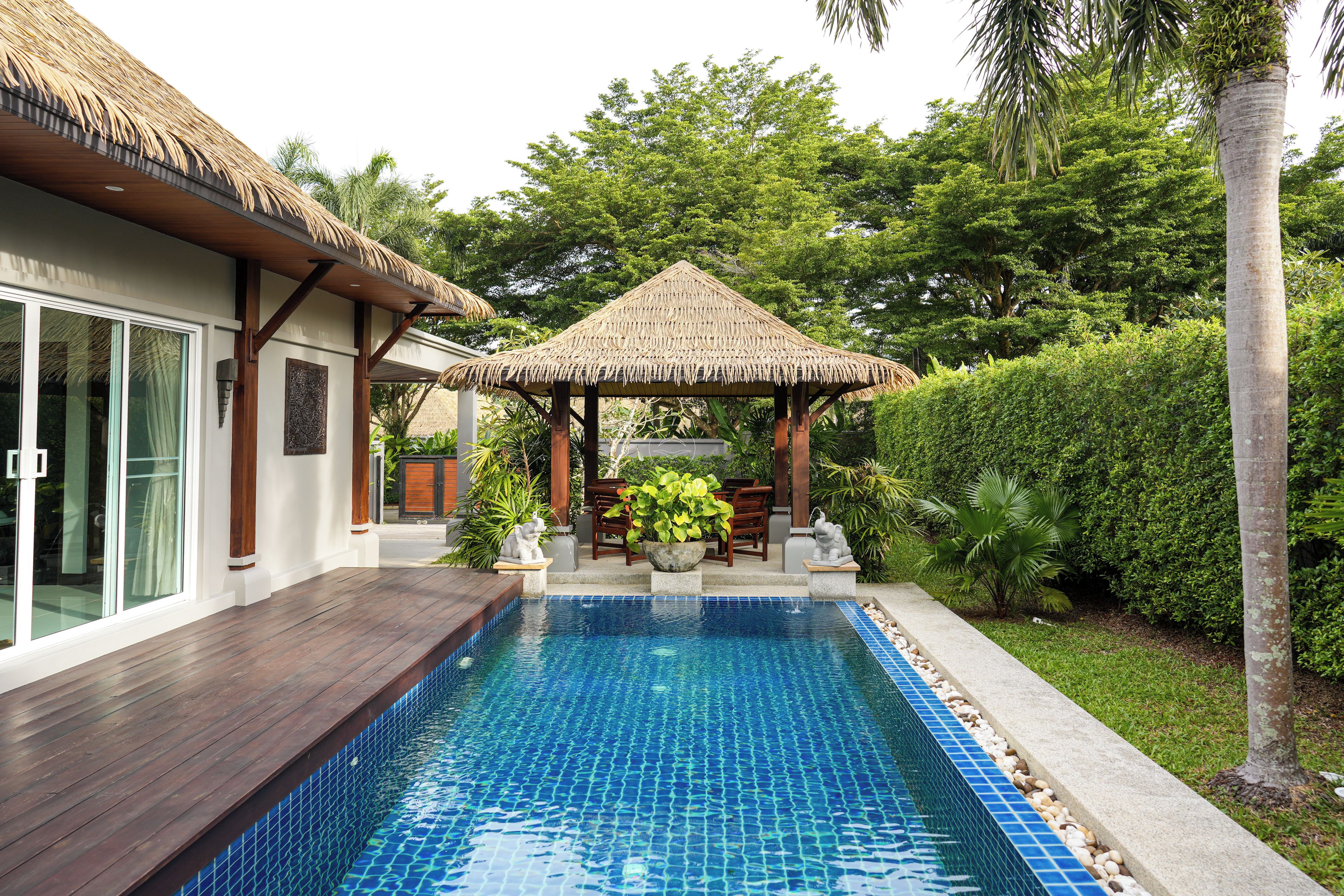 Une piscine agrémentée d’un gazebo à toit de chaume, entourée d’une végétation luxuriante et d’une maison moderne dotée de grandes fenêtres.