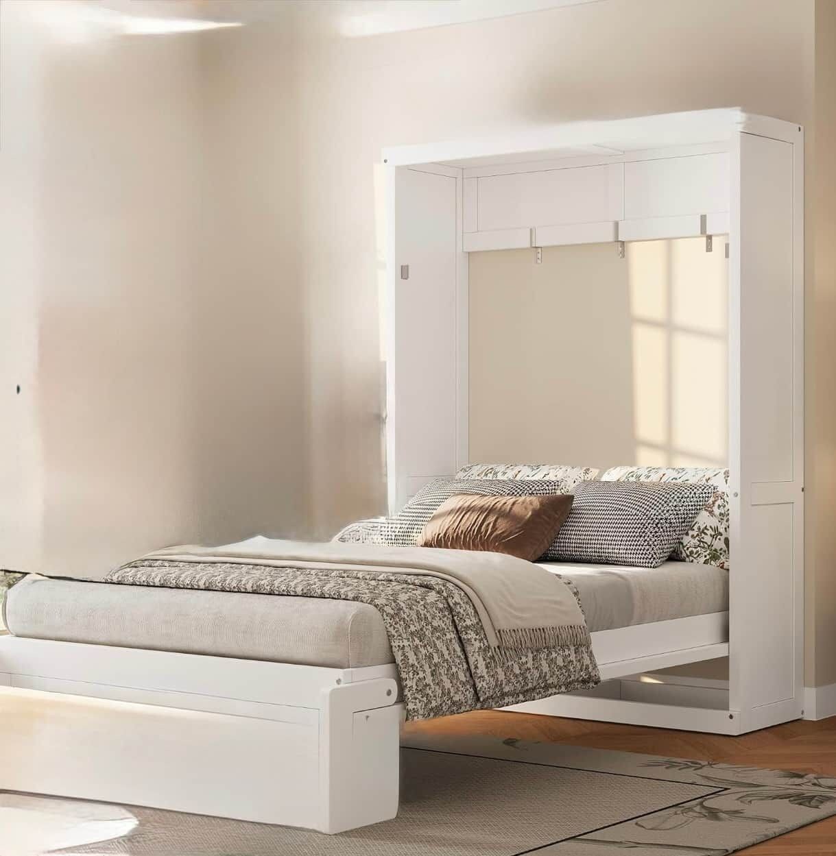A bed with a canopy, a bedside table, and a large mirror.
