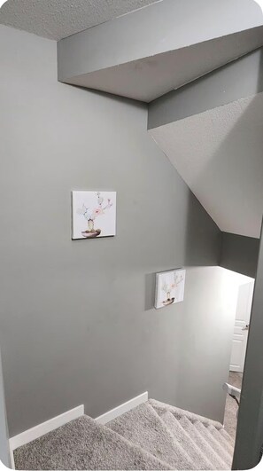 A room with a gray wall, a framed picture of a cactus, and a white door. - A Cozy Gem in The Greens.
Welcome to your cozy home away from home in TheGreens! (Regina)