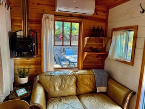 A cozy cabin interior with a leather sofa, a fireplace, a window with curtains, and a small table with a plant. - Private Tiny House With Hot Tub near Ashland (Talent)