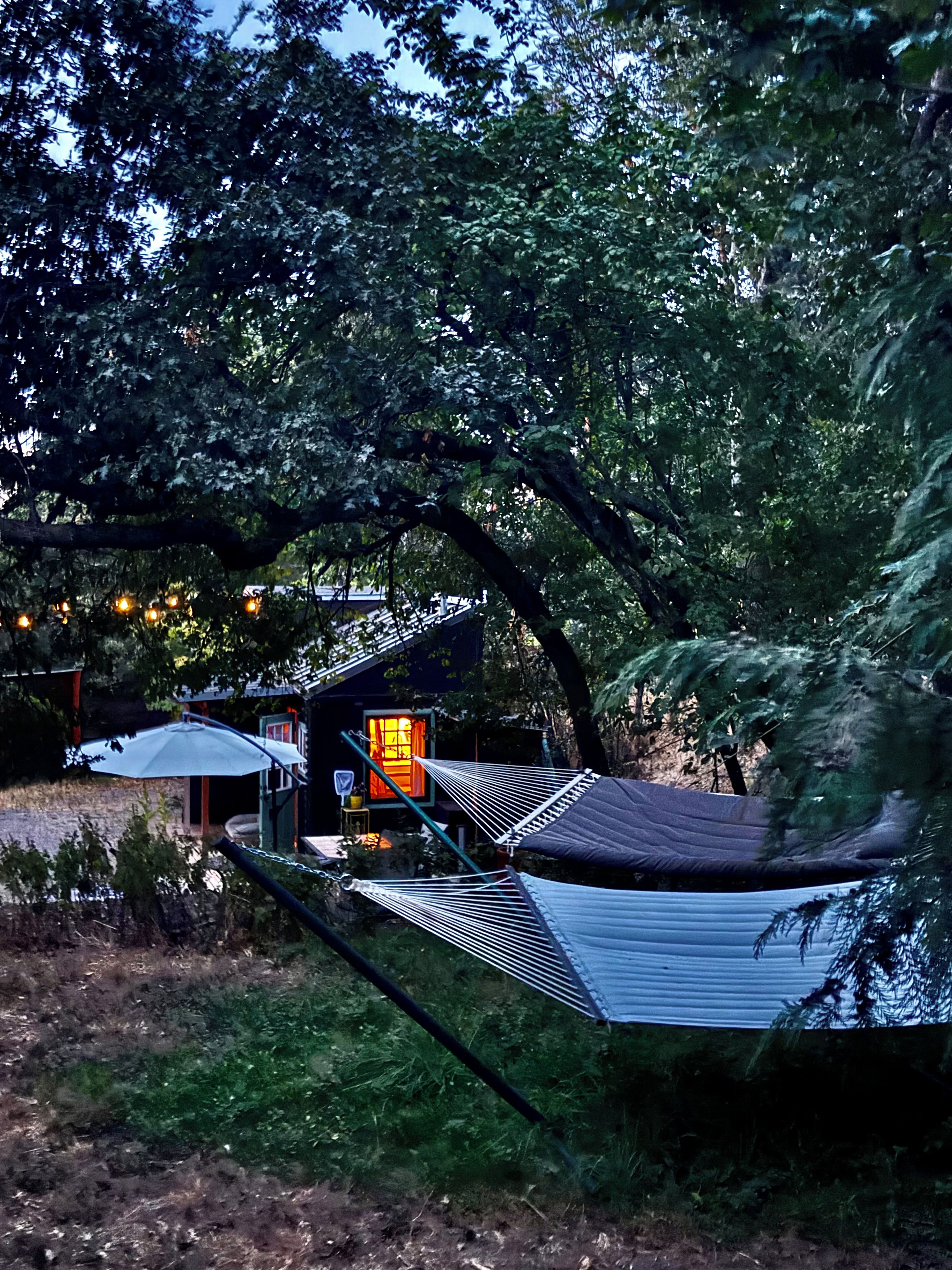 A hammock under a tree, a small building with a lit interior, and a pathway leading to the building.
