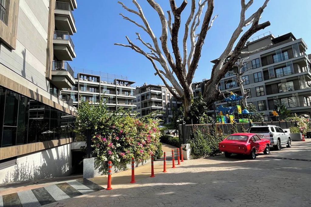 Een moderne stadstraat met meerhoogbouwwoningen, een trottoir met bomen en geparkeerde voertuigen.