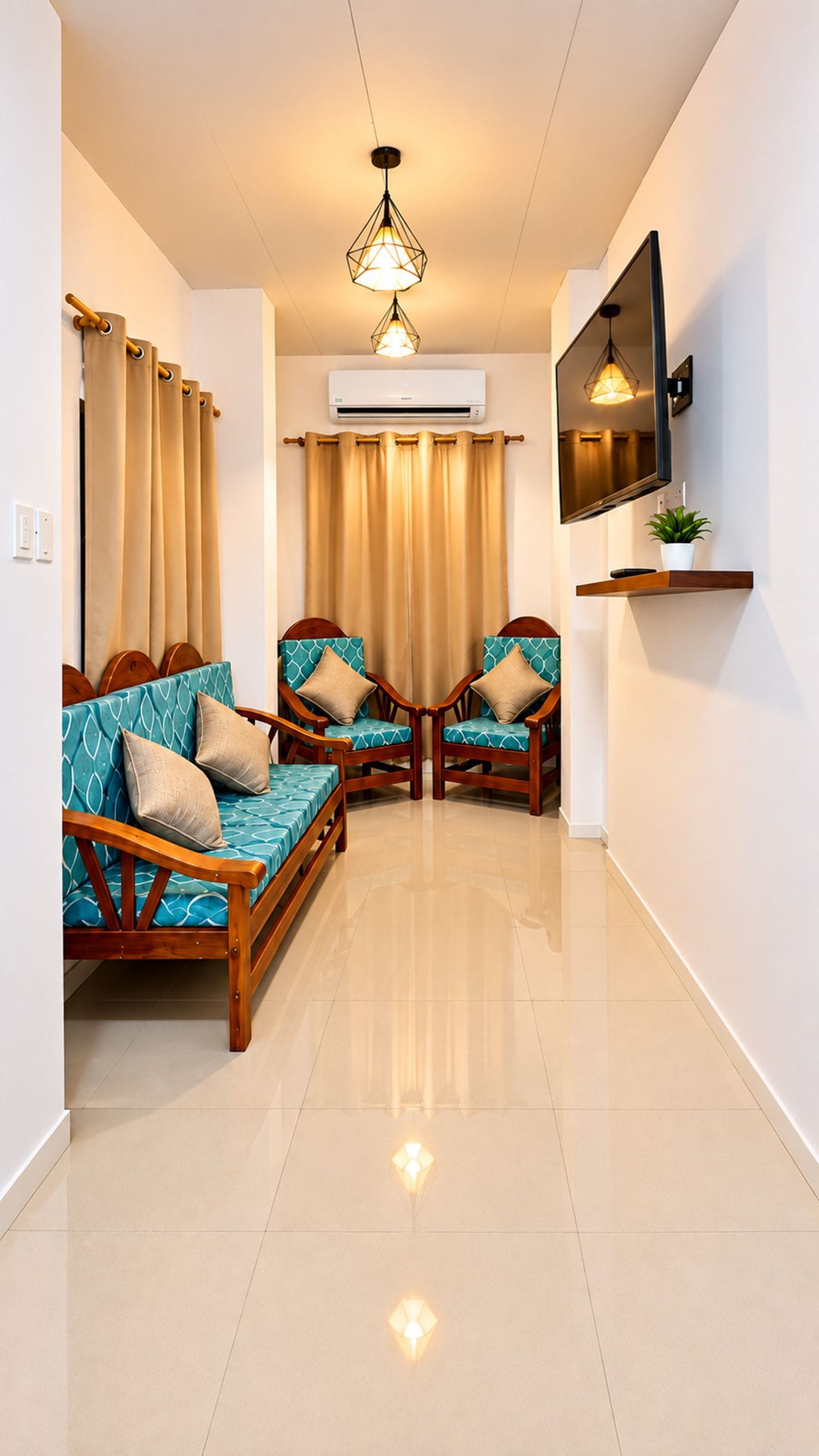 A modern living room with a sofa set, a TV mounted on the wall, and a ceiling light fixture.